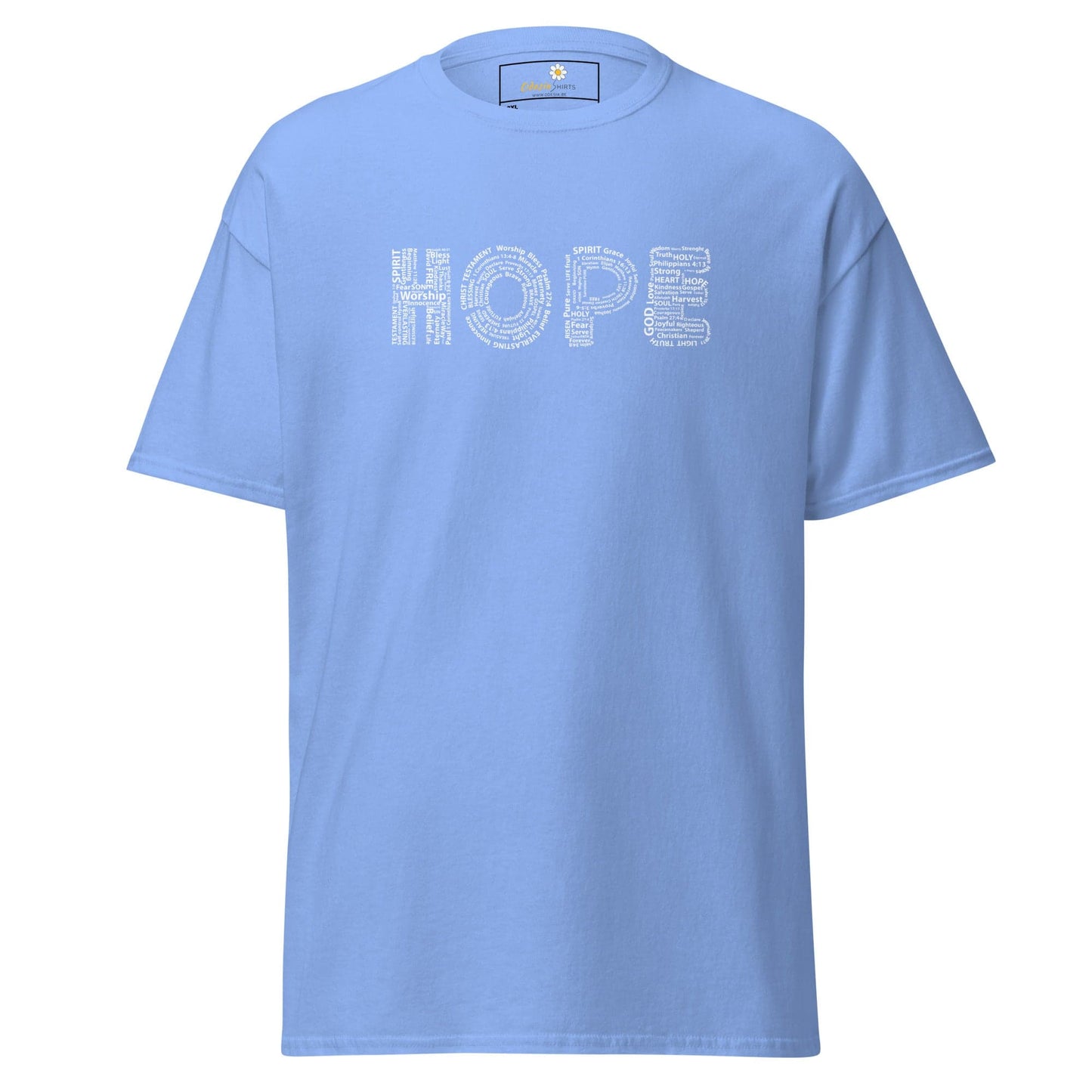 Light blue t-shirt with ’HOPE’ text.