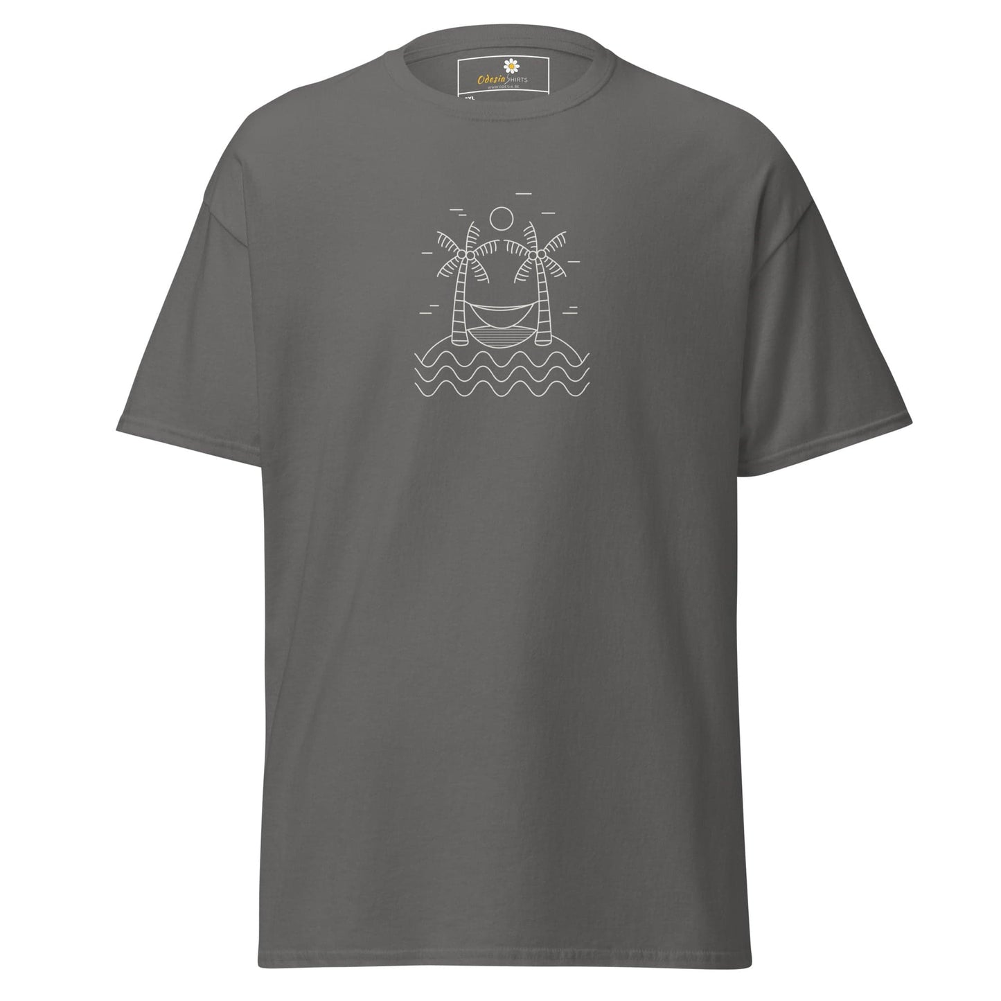 Gray T-shirt featuring a beach scene graphic for men and women in 2XL to 5XL sizes