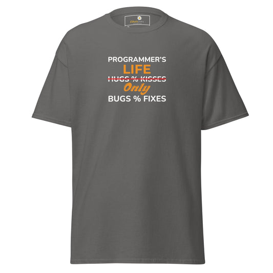 Gray t-shirt with programmer humor.