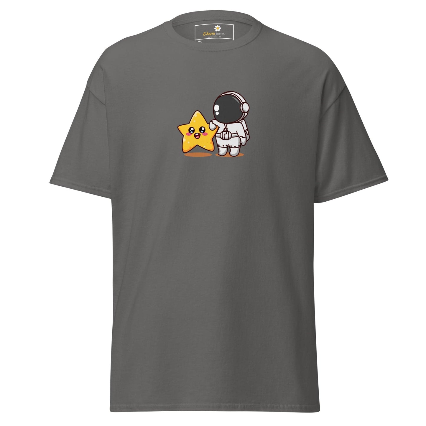 Gray t-shirt with astronaut and star graphic.