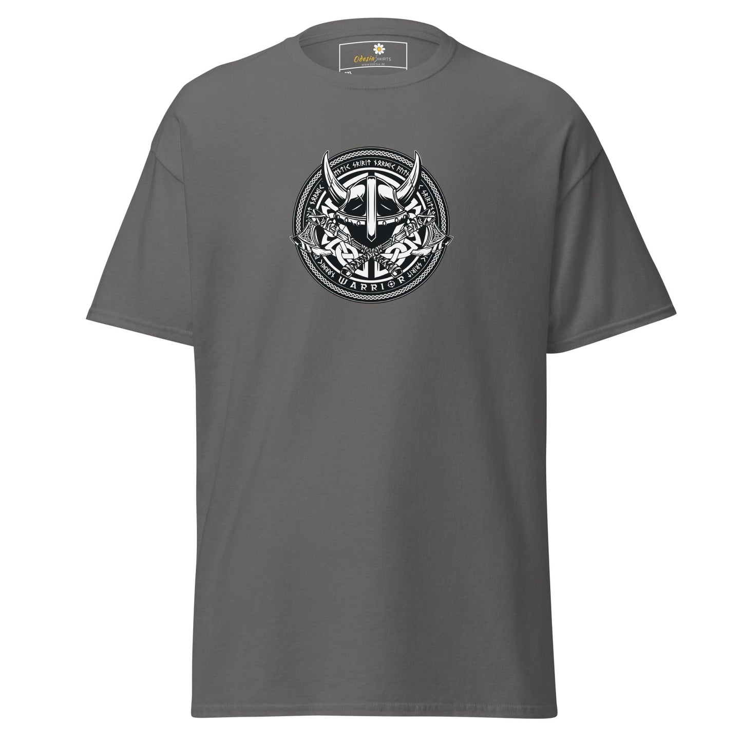 Gray t-shirt with Viking helmet graphic.