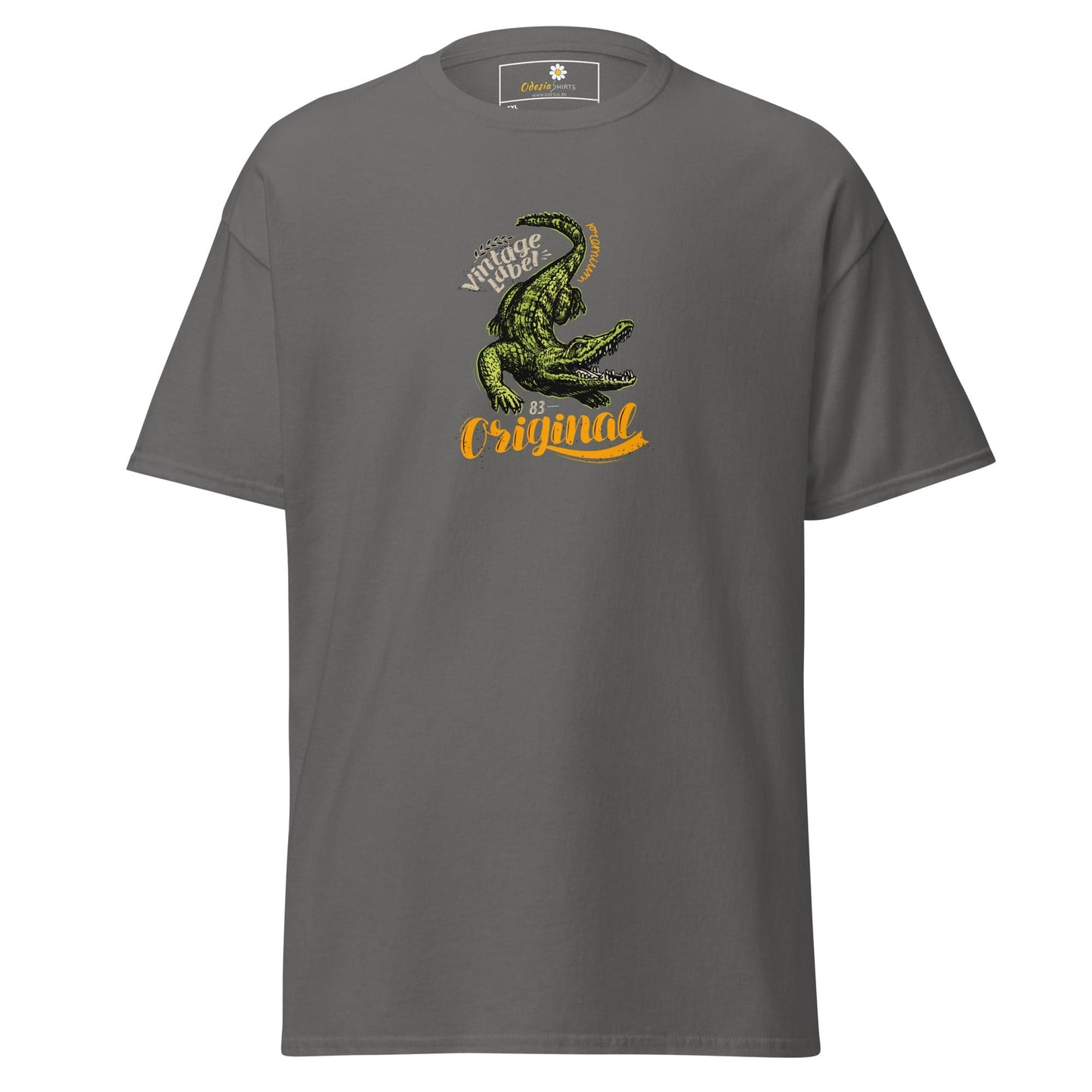 Gray t-shirt with crocodile graphic.