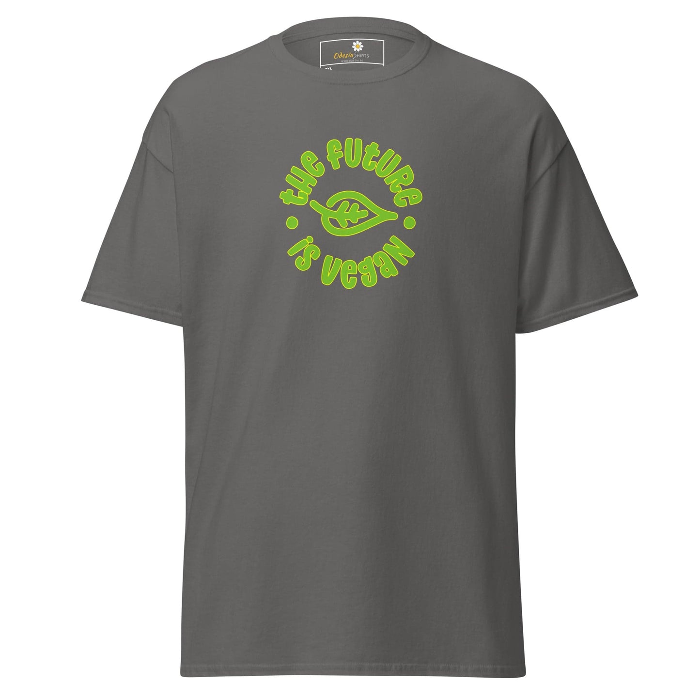 Gray t-shirt with vegan graphic.