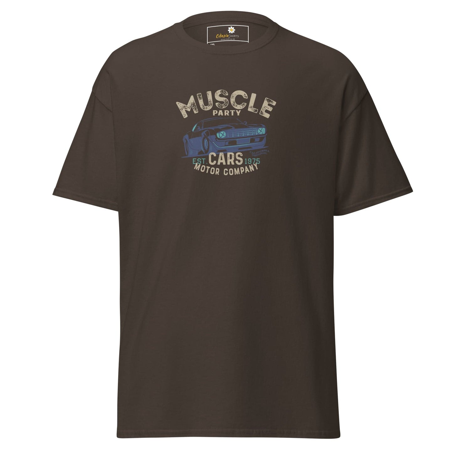 Brown t-shirt with car graphic.