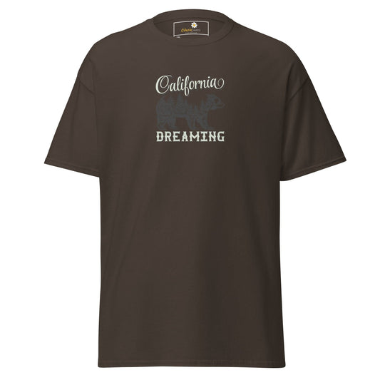 Brown T-shirt with California Dreaming text, designed for Men and Women sizes 2XL to 5XL
