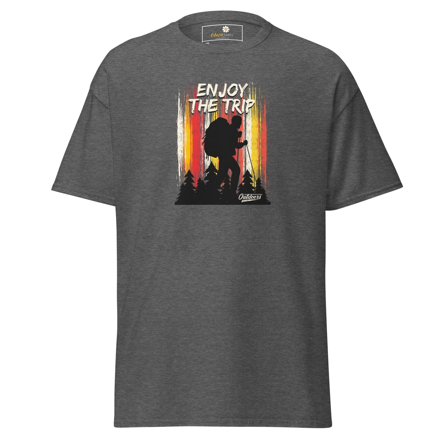 Gray t-shirt with hiker graphic.