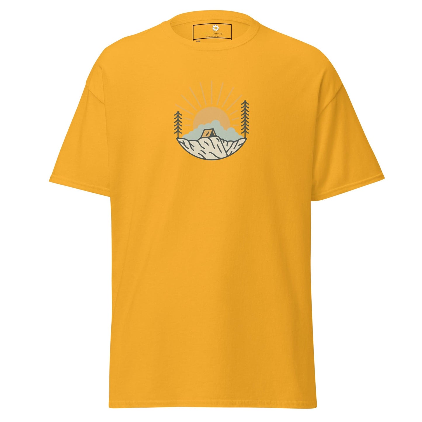 Yellow t-shirt with camping graphic.