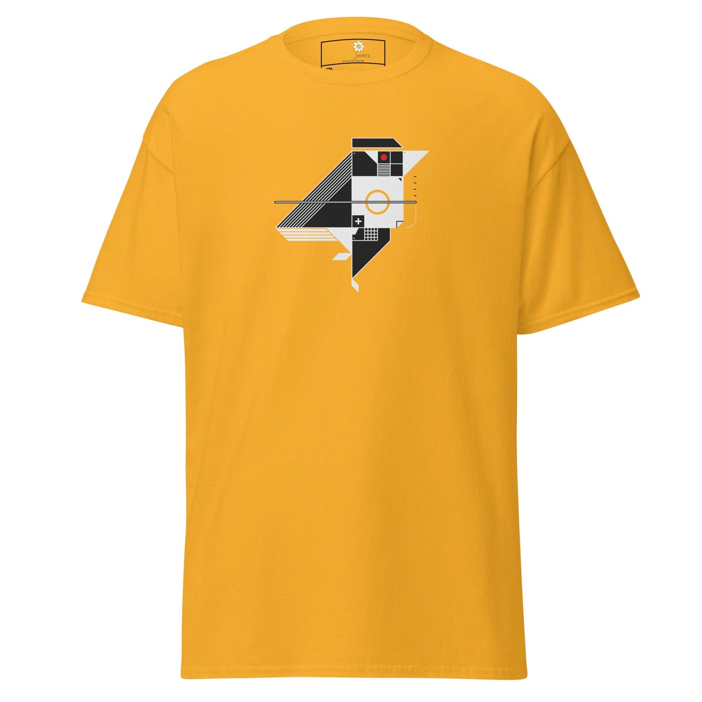 Mustard-yellow t-shirt with geometric design.