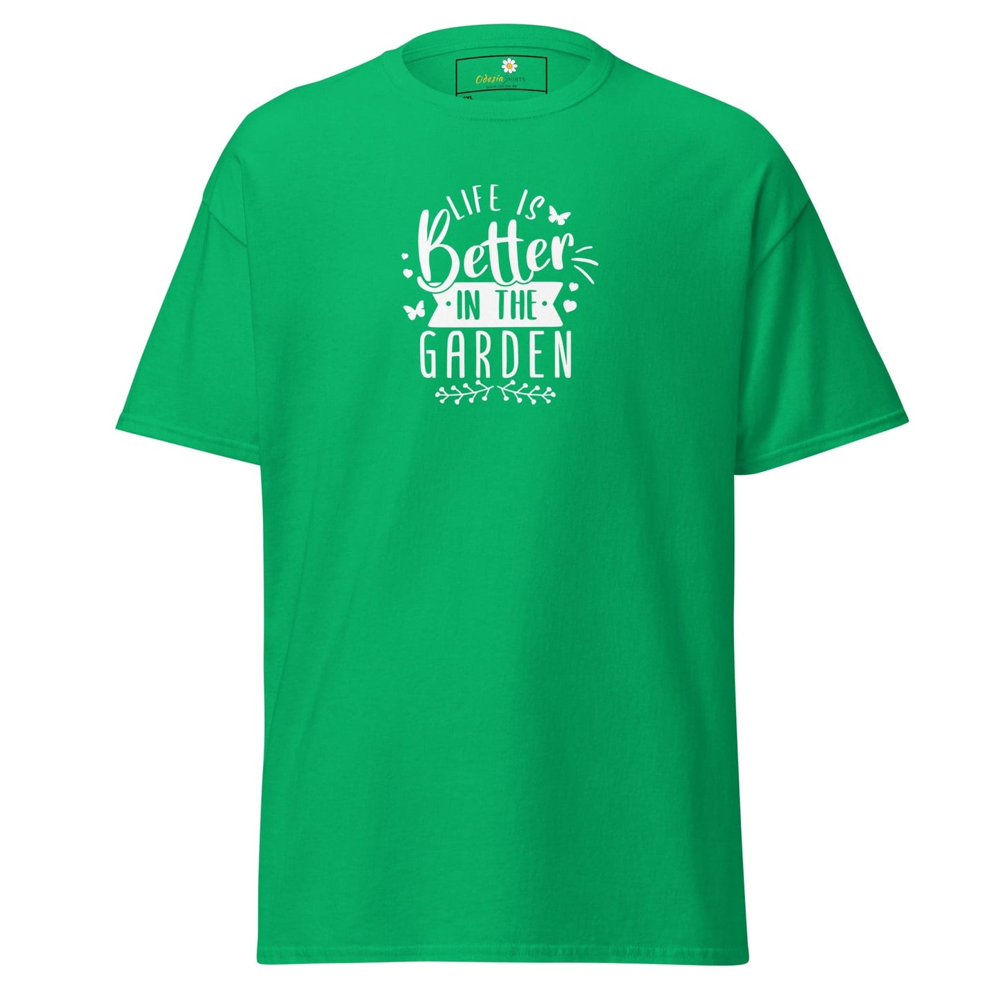 Green t-shirt with garden-themed text.