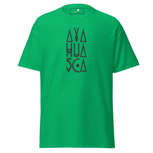 Green t-shirt with black text.