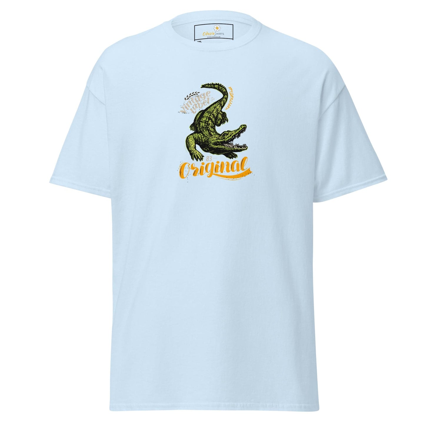 Light blue t-shirt with crocodile graphic.