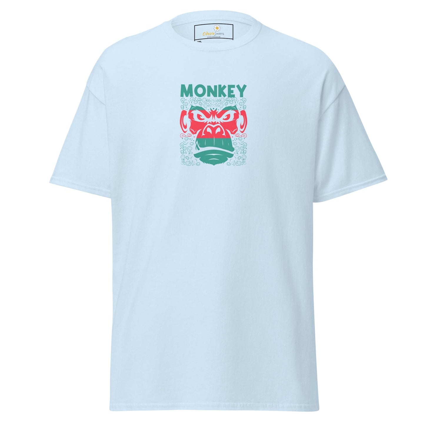 Light blue T-shirt for men and women with monkey graphic, available in 2XL to 5XL