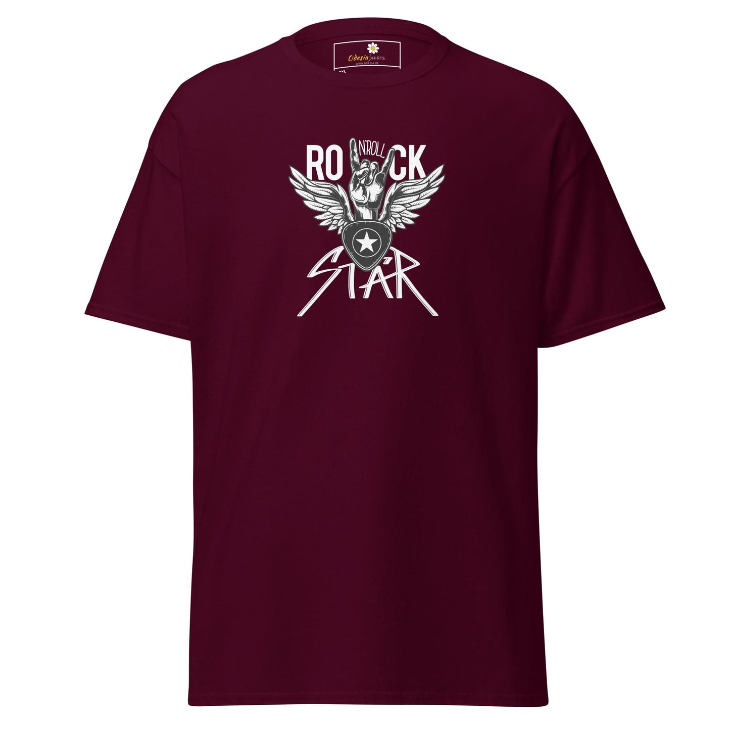 Maroon T-shirt with a rock star graphic available in men’s and women’s sizes 2XL to 5XL