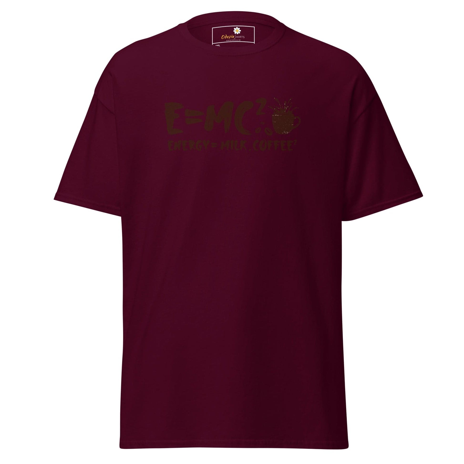 Maroon short-sleeve t-shirt.