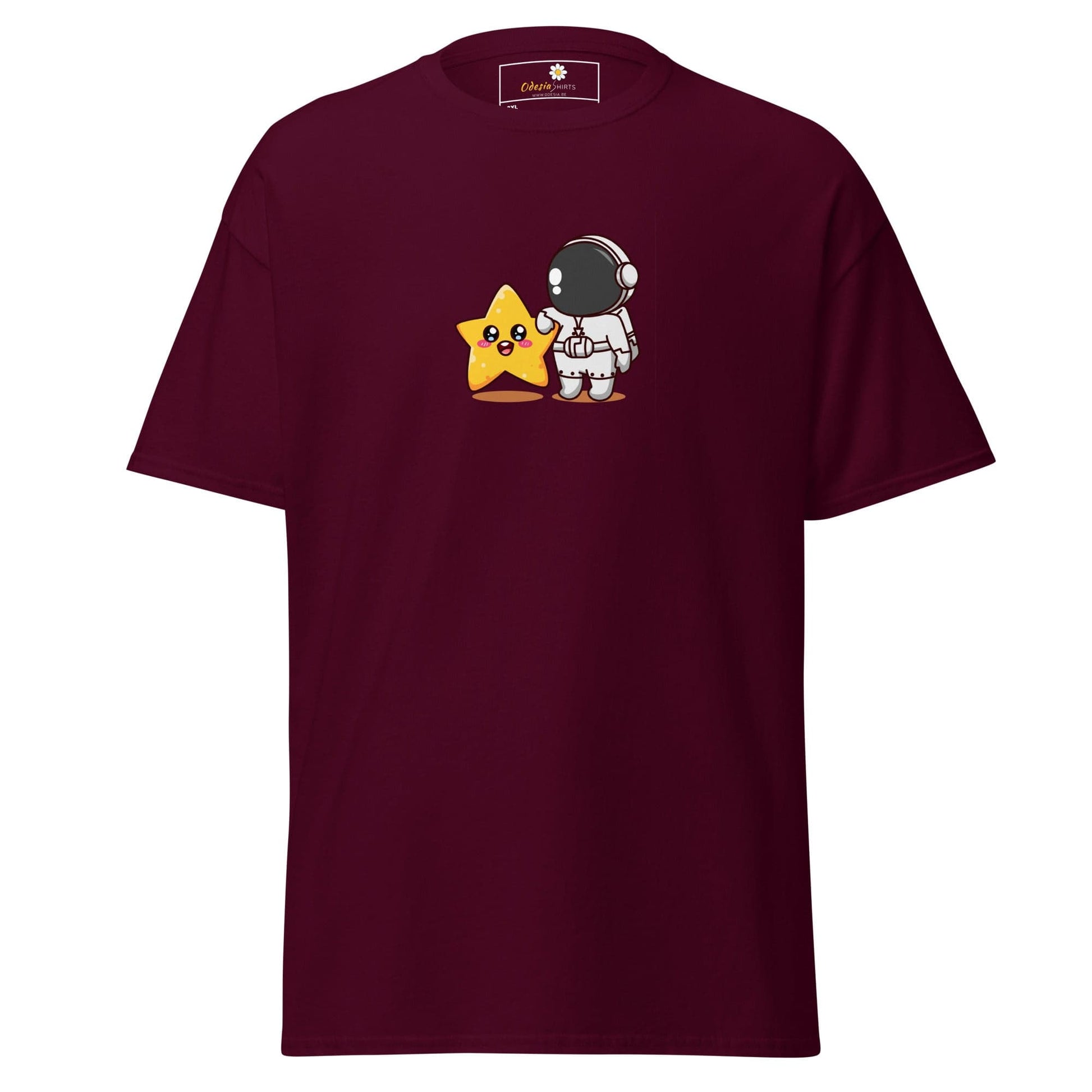 Maroon t-shirt with cartoon astronaut and star.