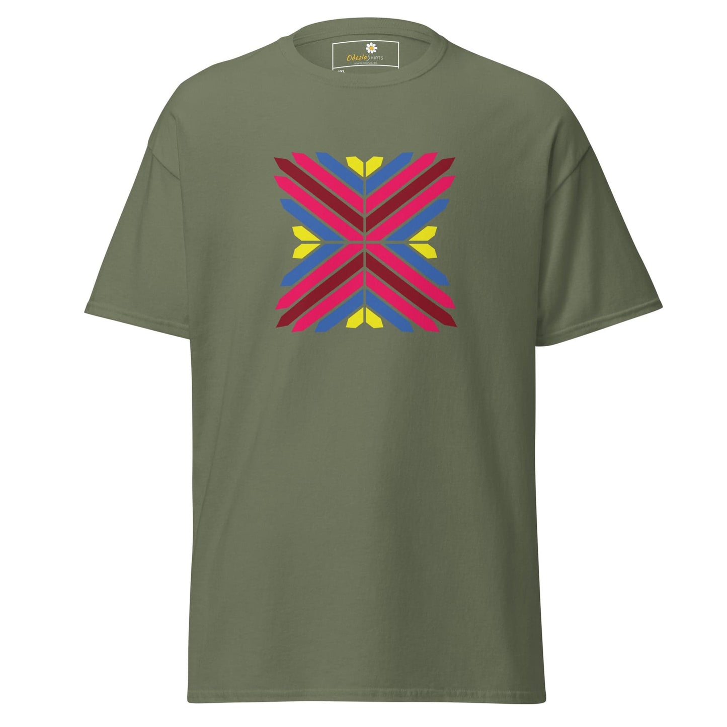 Olive green T-shirt displaying colorful geometric design for men and women in 2XL to 5XL sizes