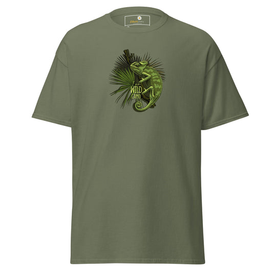 Olive green t-shirt with chameleon graphic.