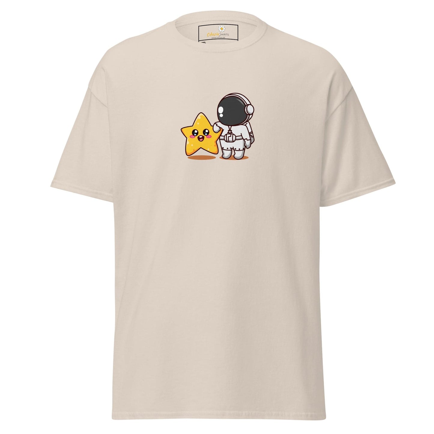 Beige t-shirt with cartoon astronaut and star.