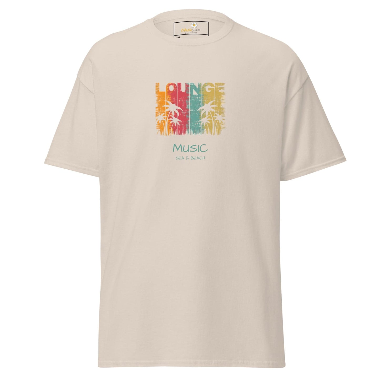 Beige T-shirt with colorful palm tree graphic for men and women in 2XL to 5XL sizes