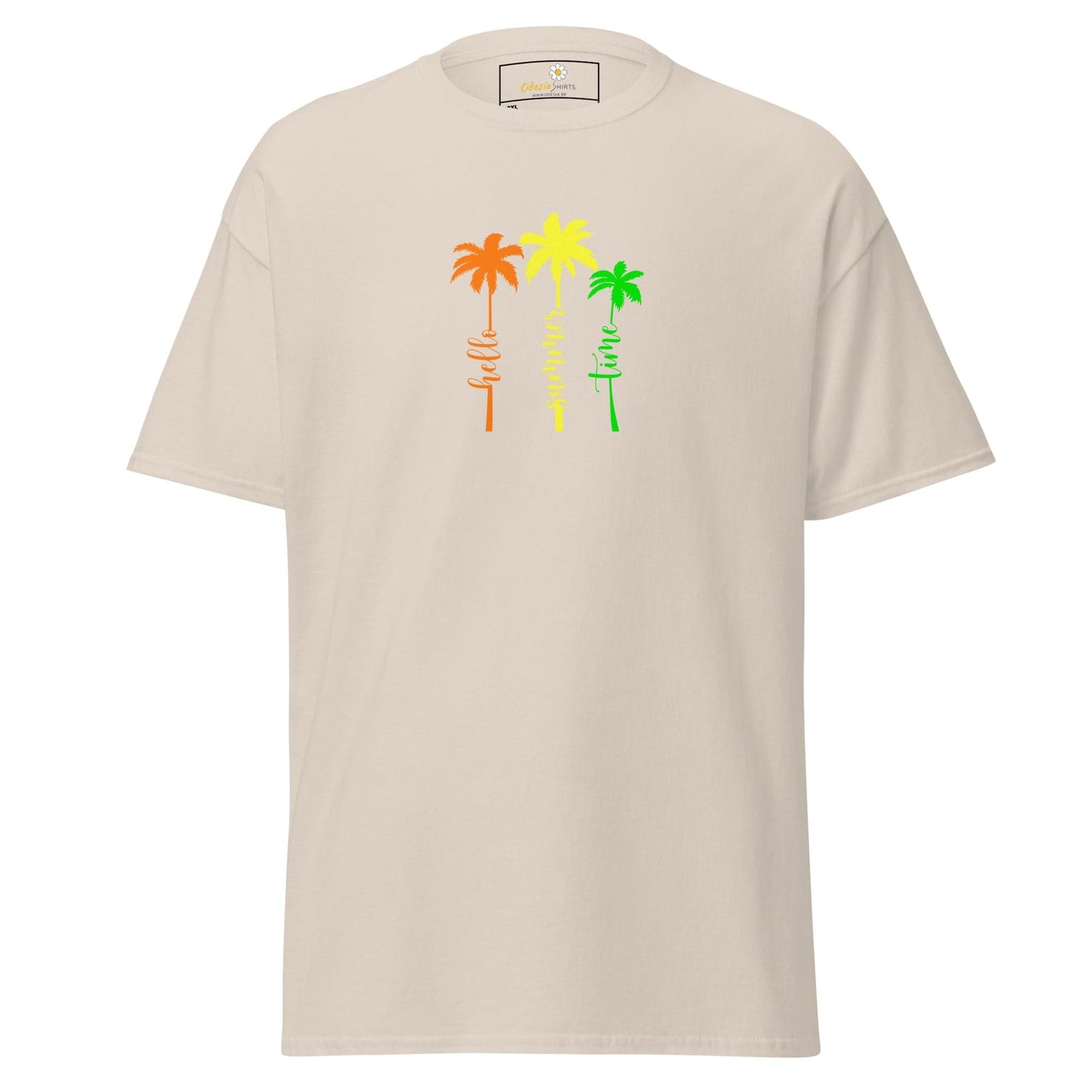 Beige t-shirt with colorful palm tree design.