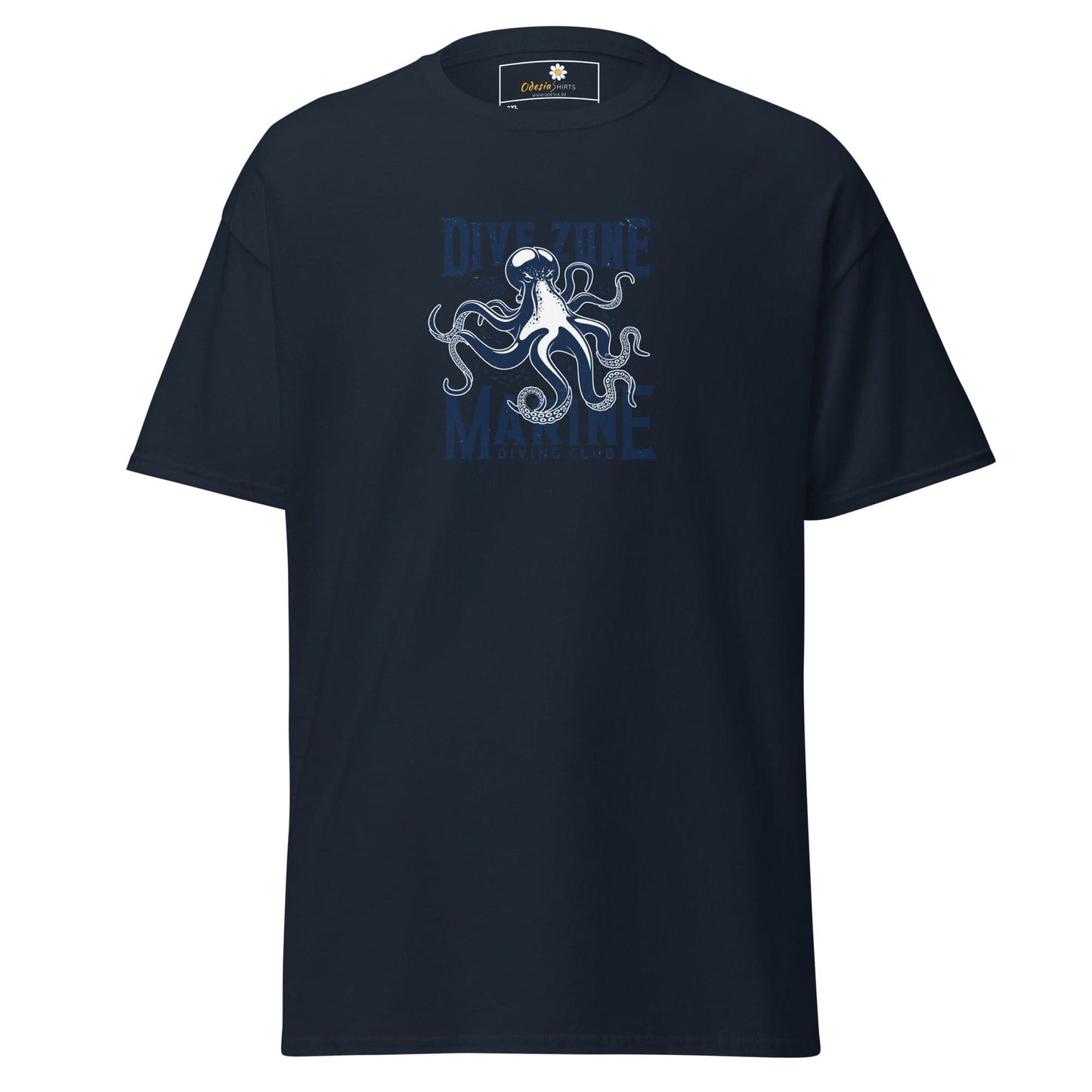 Navy blue t-shirt with octopus graphic.
