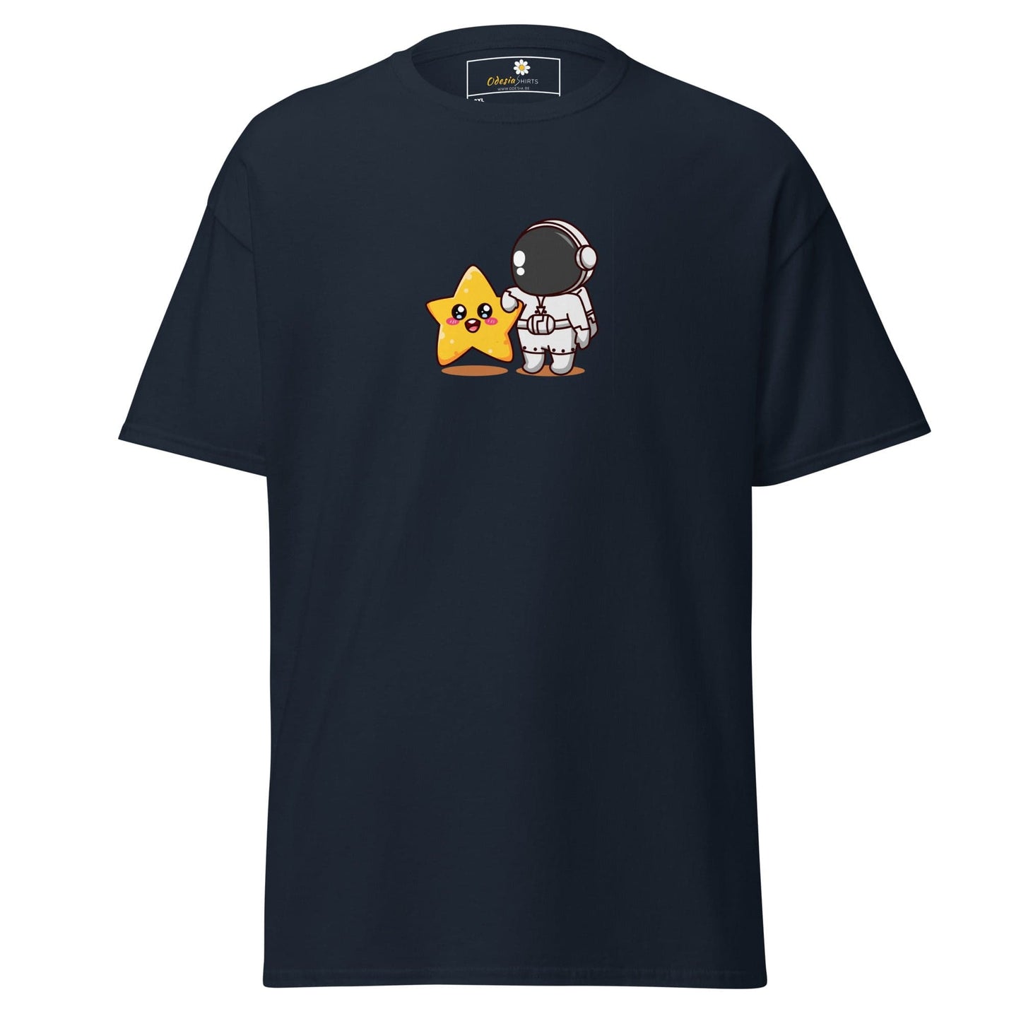 Navy blue t-shirt with astronaut and star graphic.
