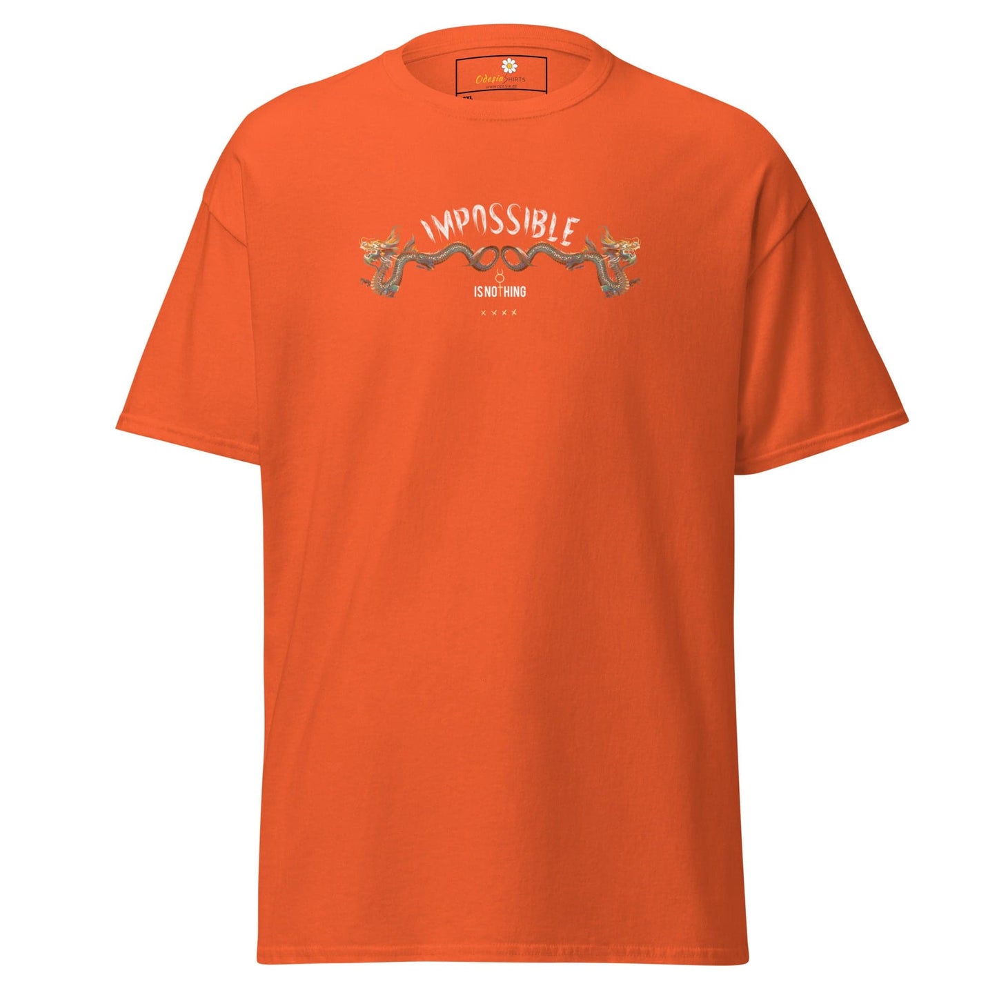 Orange t-shirt with dragon design.