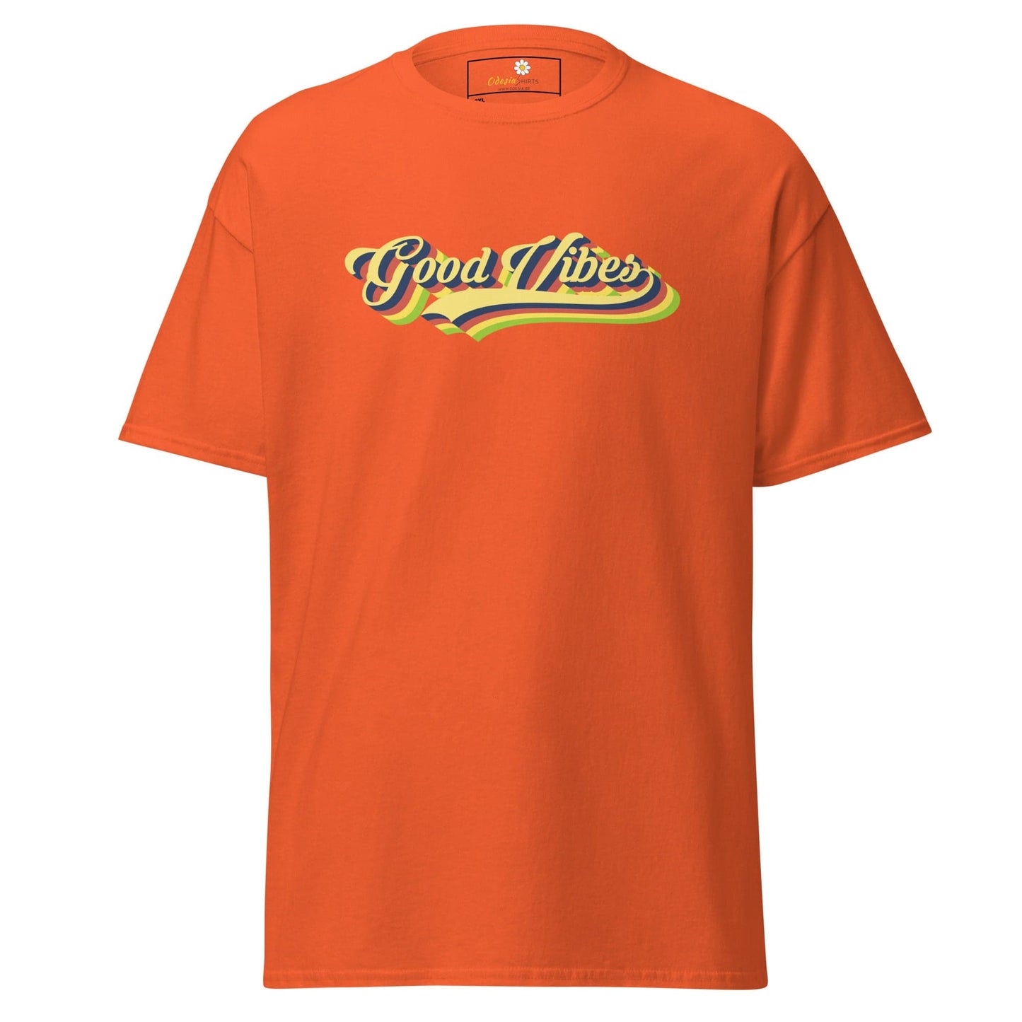 Orange t-shirt with ’Good Vibes’ graphic.