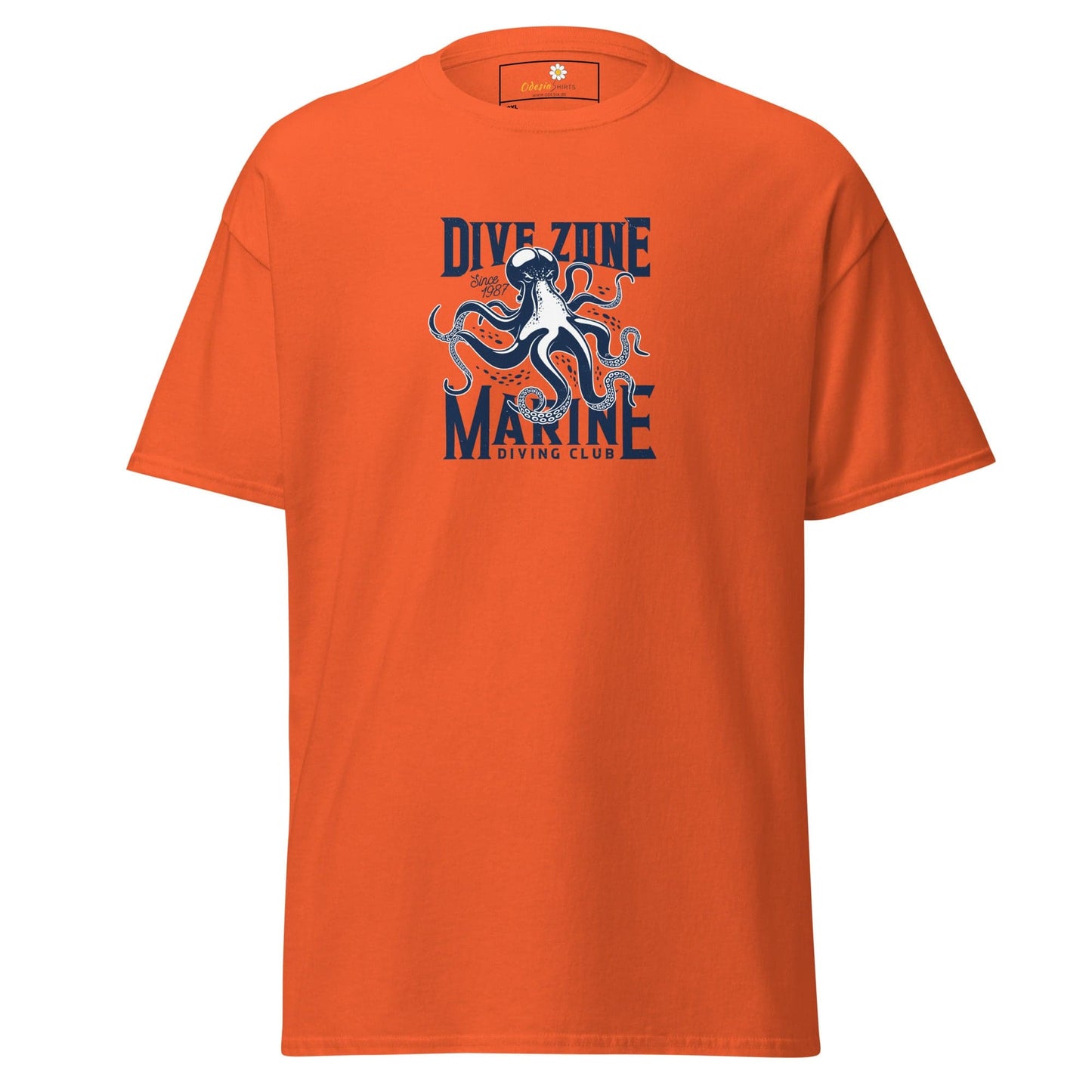 Orange t-shirt with octopus graphic.