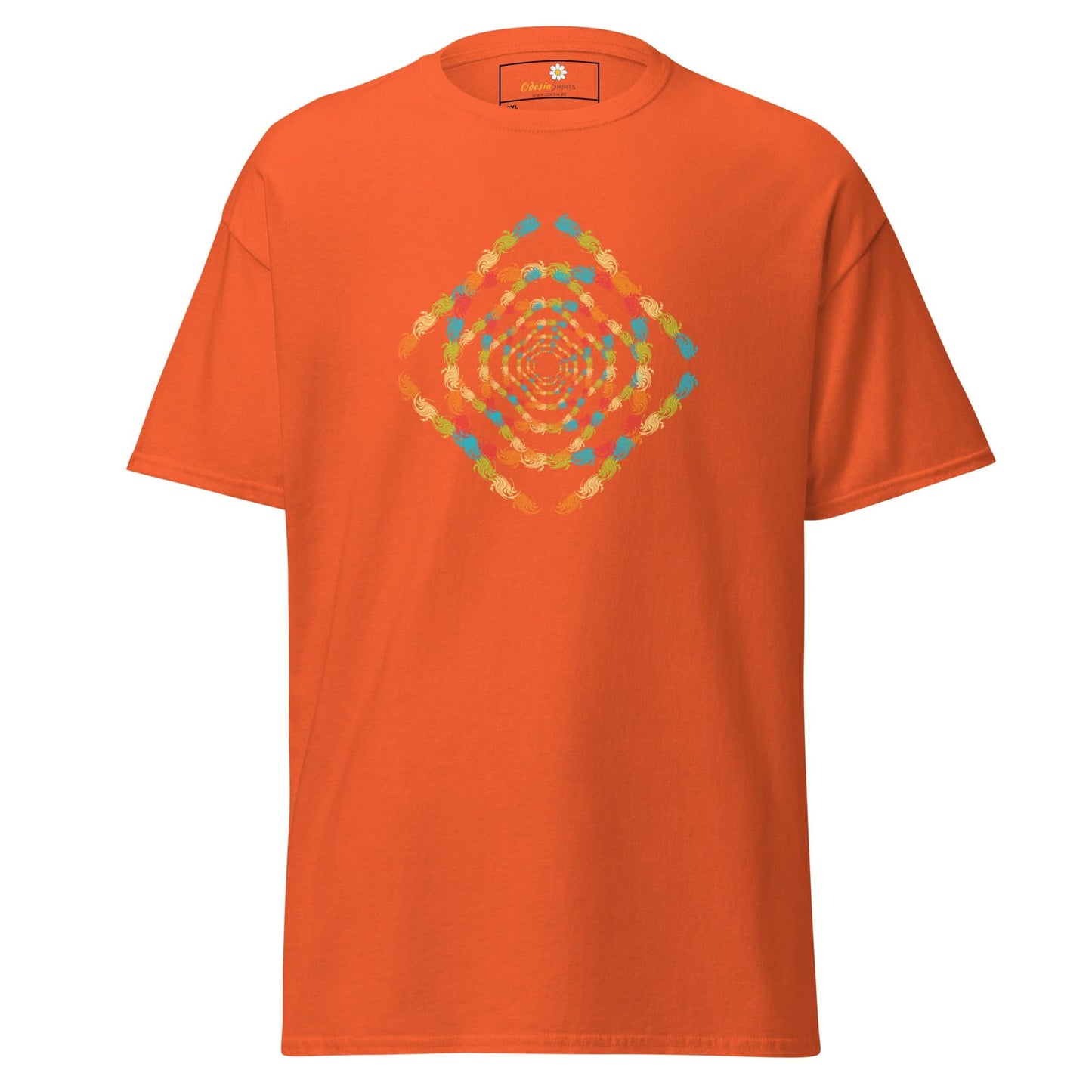 Orange T-shirt with geometric design for men and women in sizes 2XL to 5XL