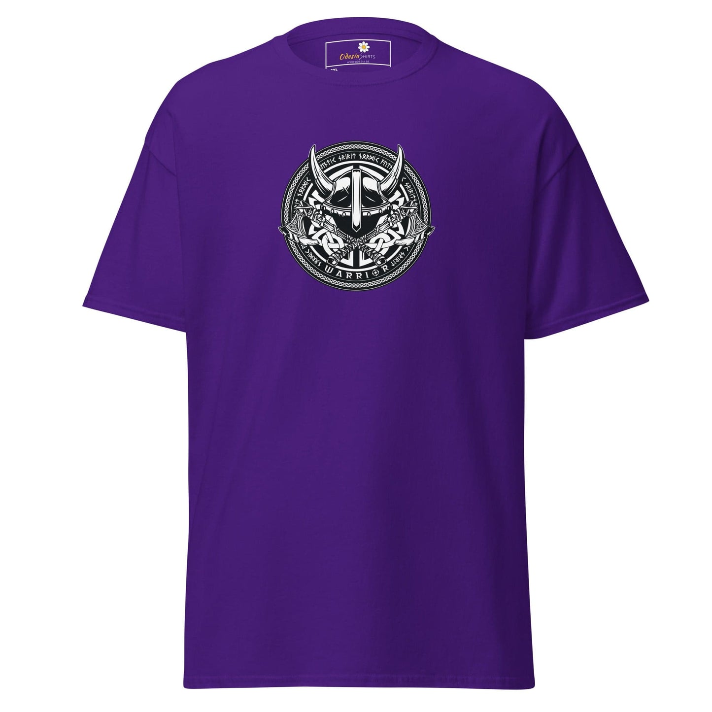 Purple t-shirt with Viking warrior graphic.