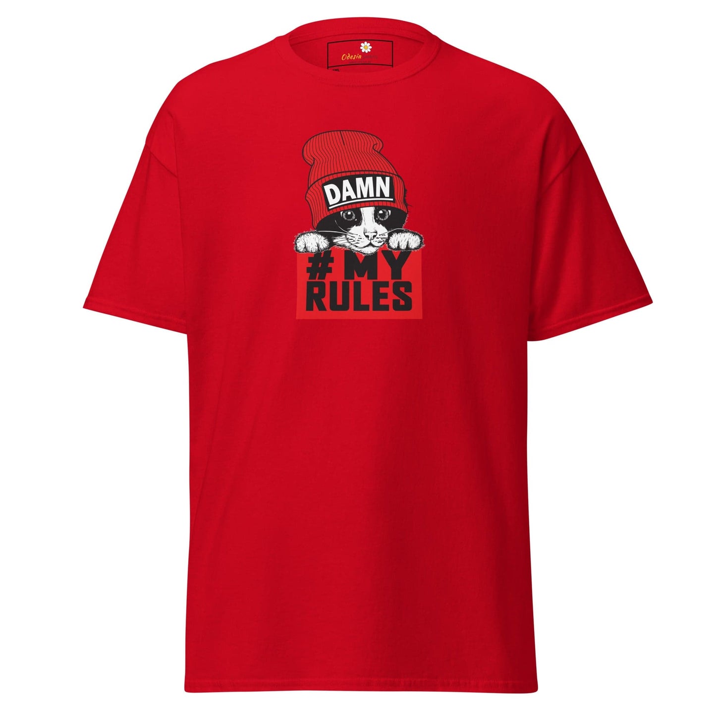 Red t-shirt with cat graphic.