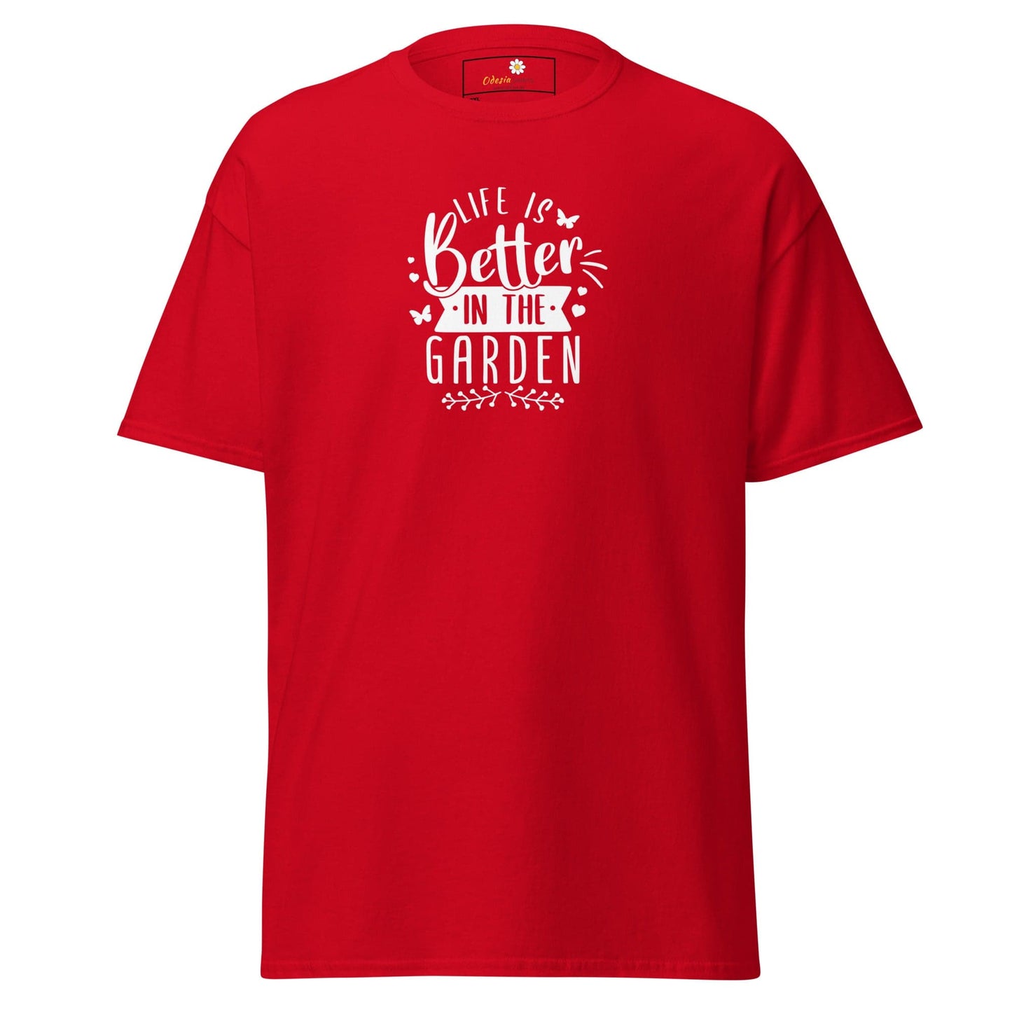 Red t-shirt with garden-themed text.