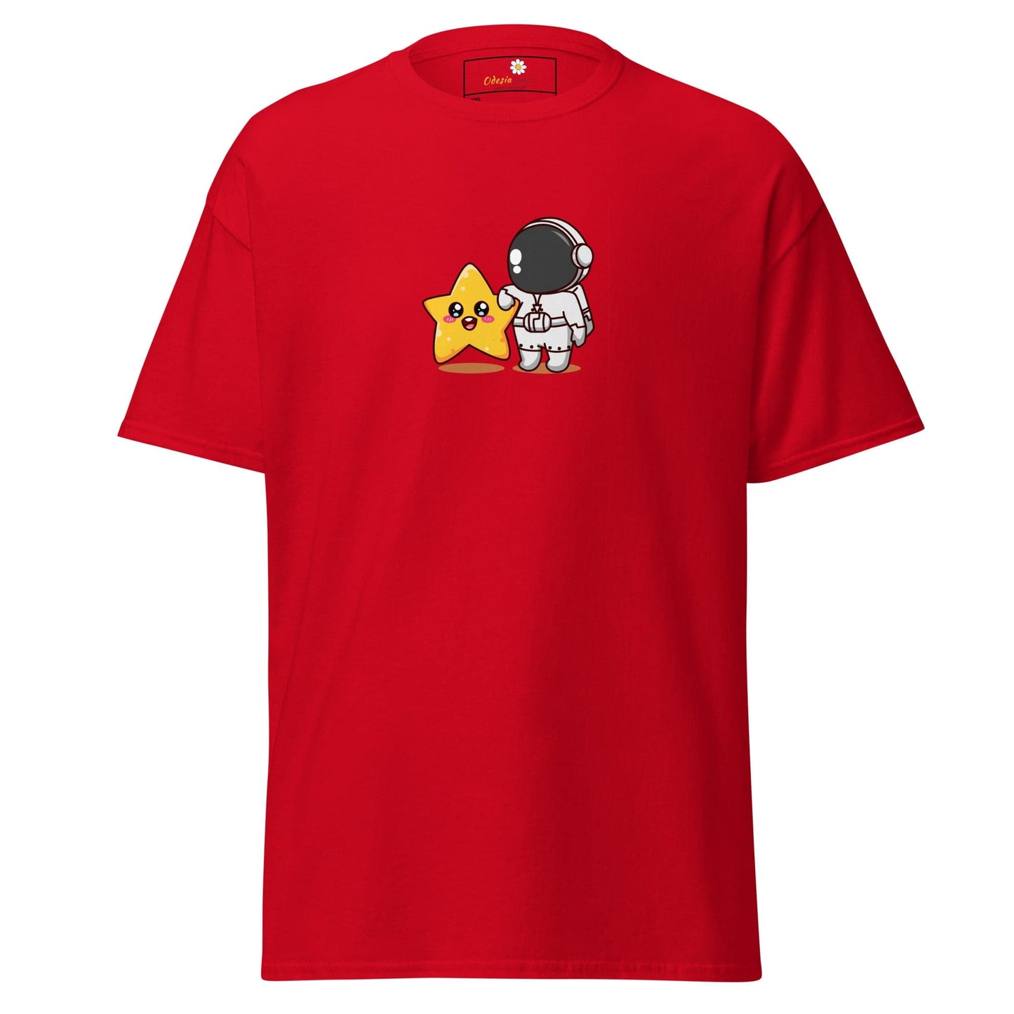 Red t-shirt with cartoon astronaut and star.