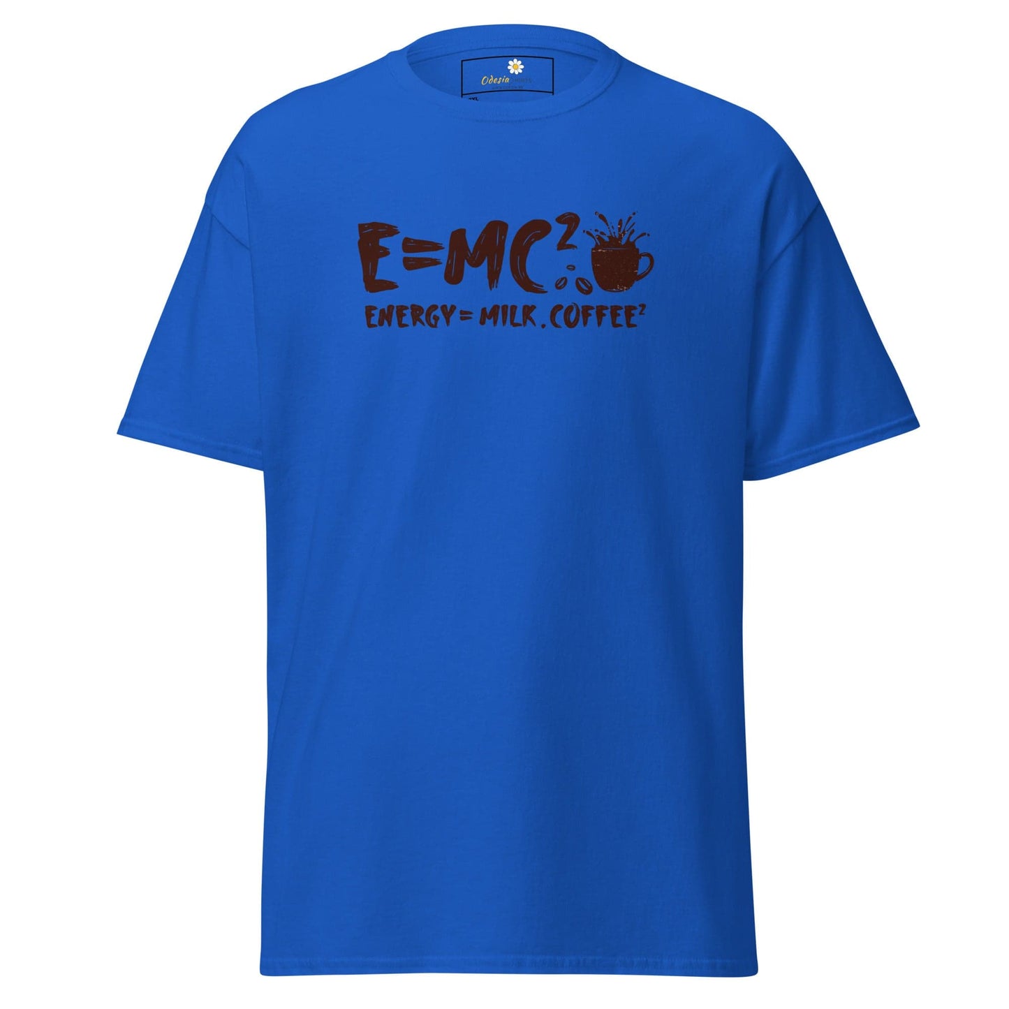 Blue t-shirt with coffee equation graphic.