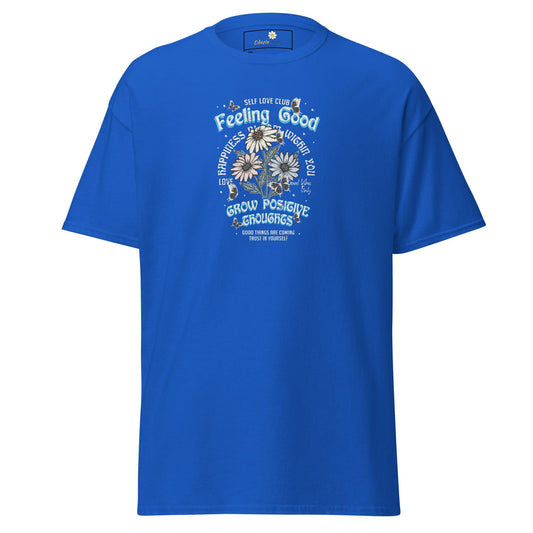 Blue t-shirt with floral graphic.