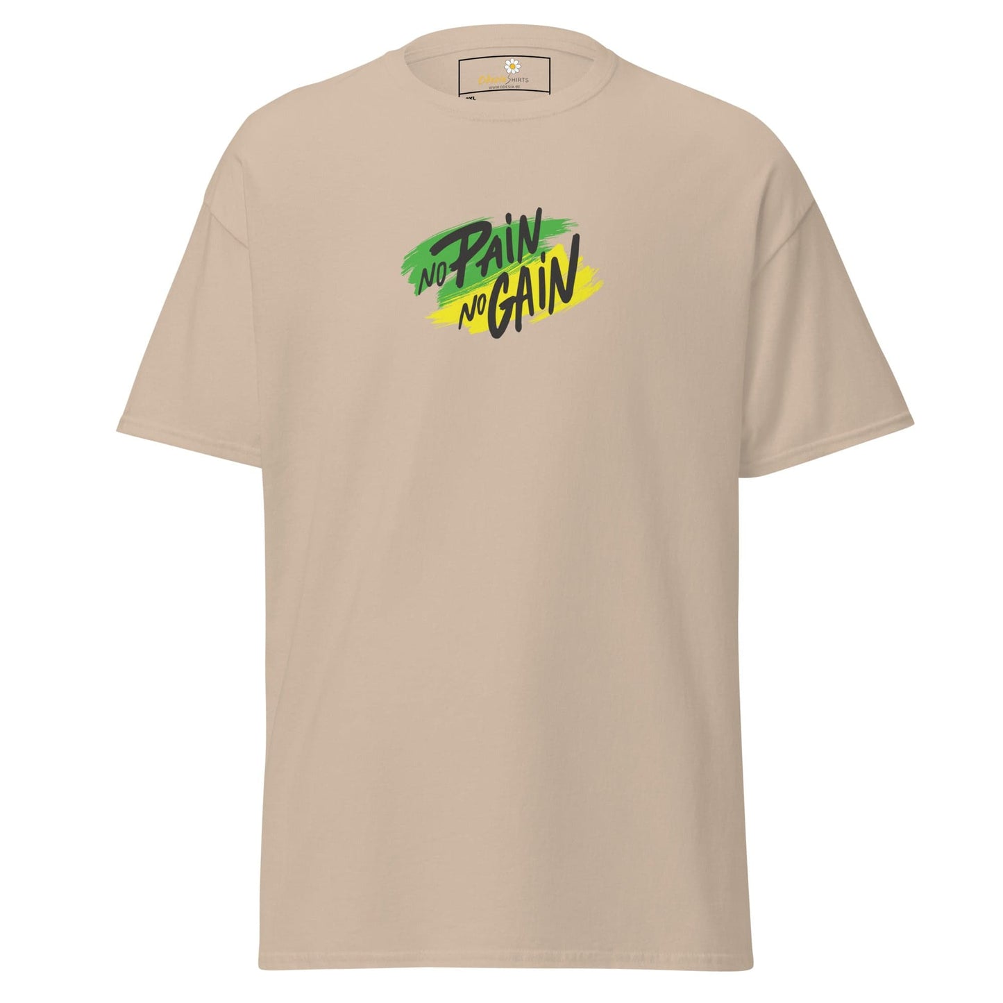 Beige T-shirt with No Pain No Gain graphic from T-Shirt Design Tee for Men and Women