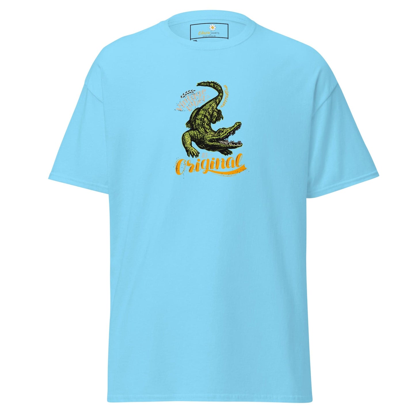Light blue t-shirt with crocodile graphic.