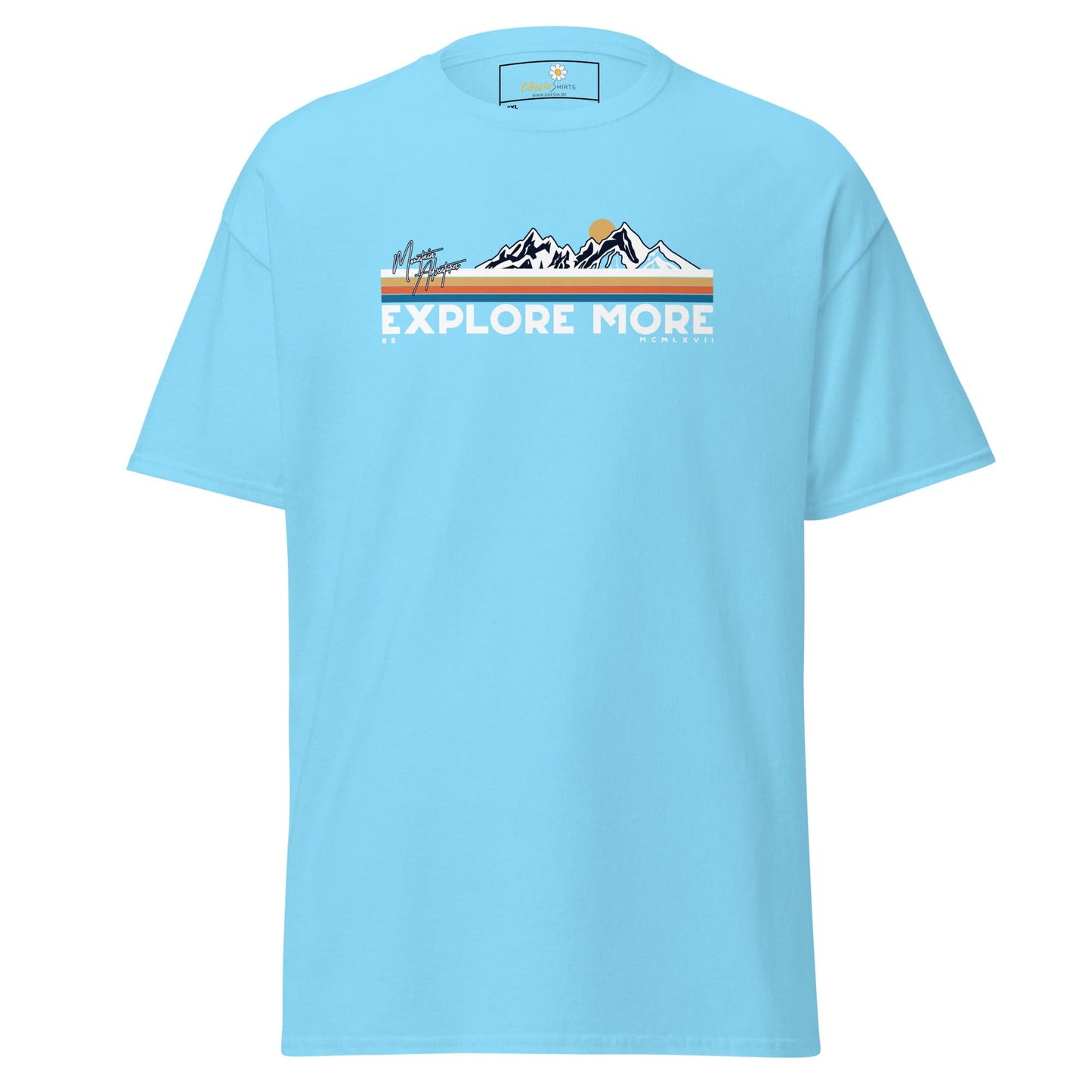 Light blue t-shirt with mountain graphic.