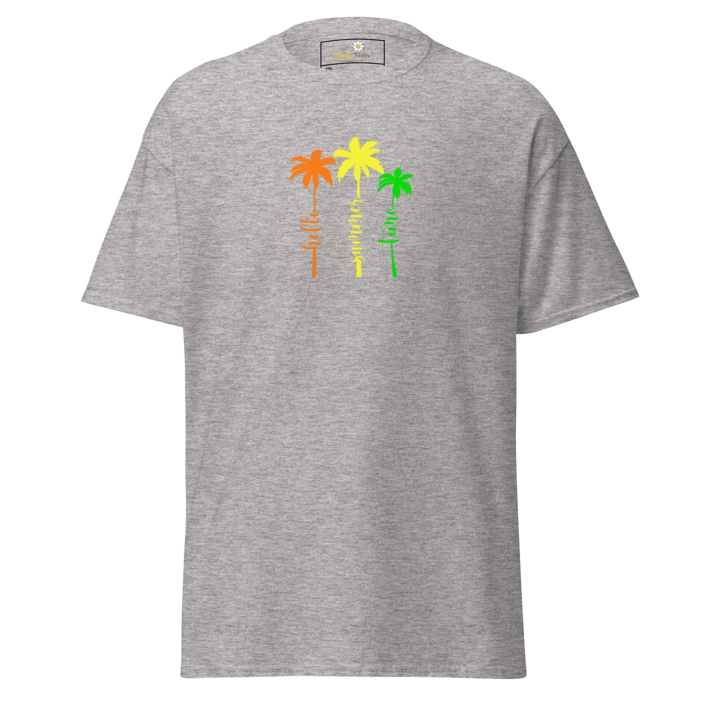 Gray t-shirt with colorful palm tree design.